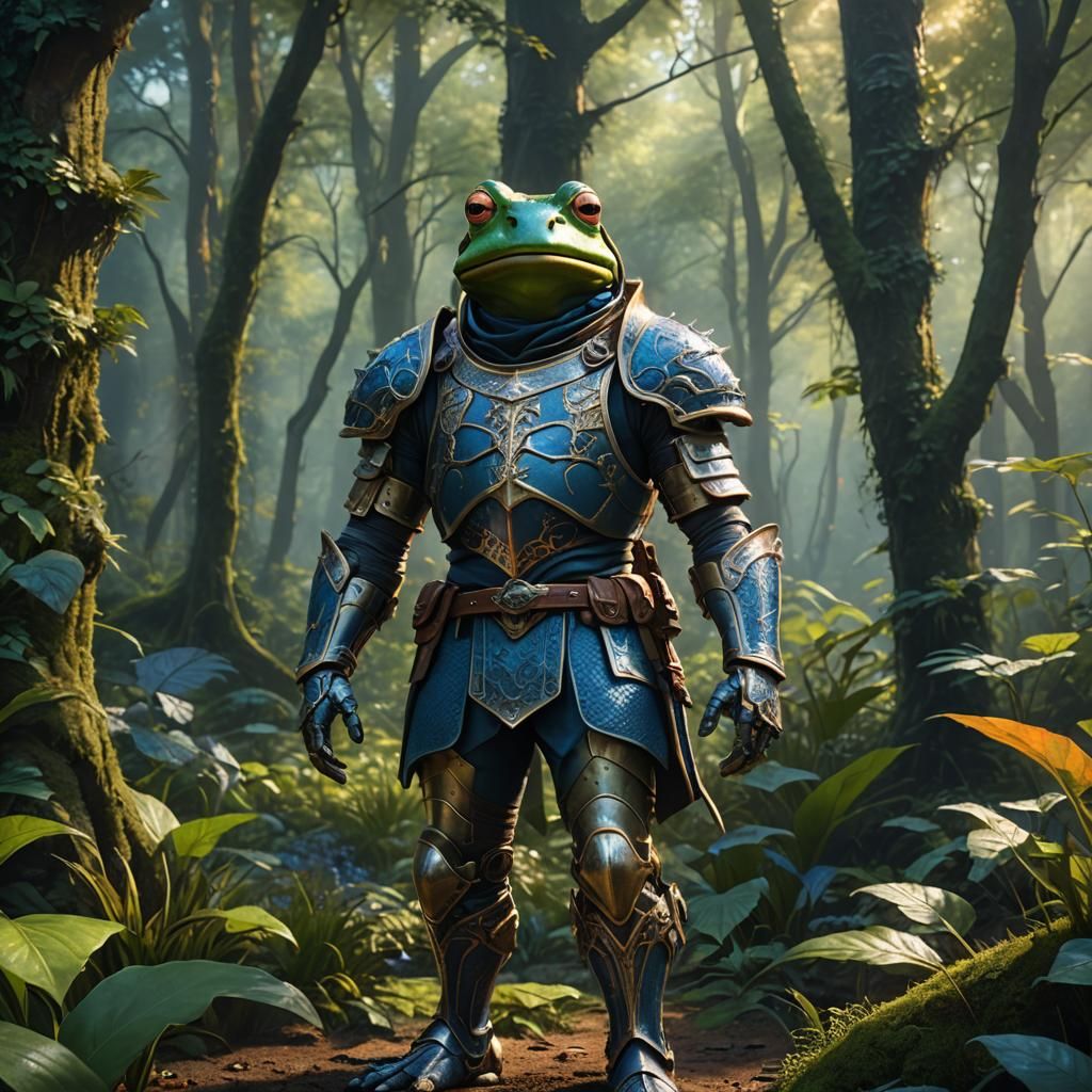 Frog Knight in Lush Forest, Detailed Matte Painting