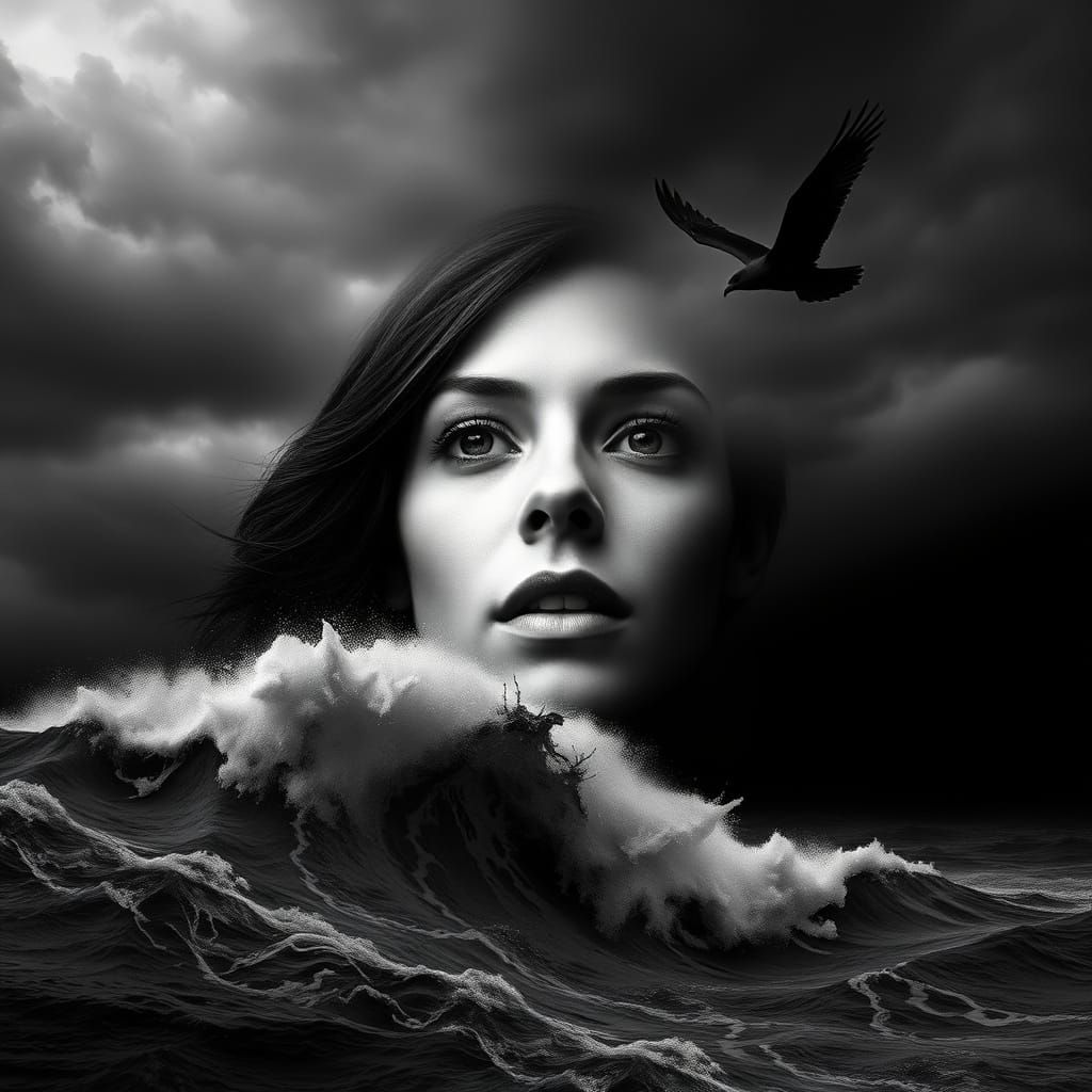 Stormy Portrait of a Woman in a Turbulent Oceanic Landscape