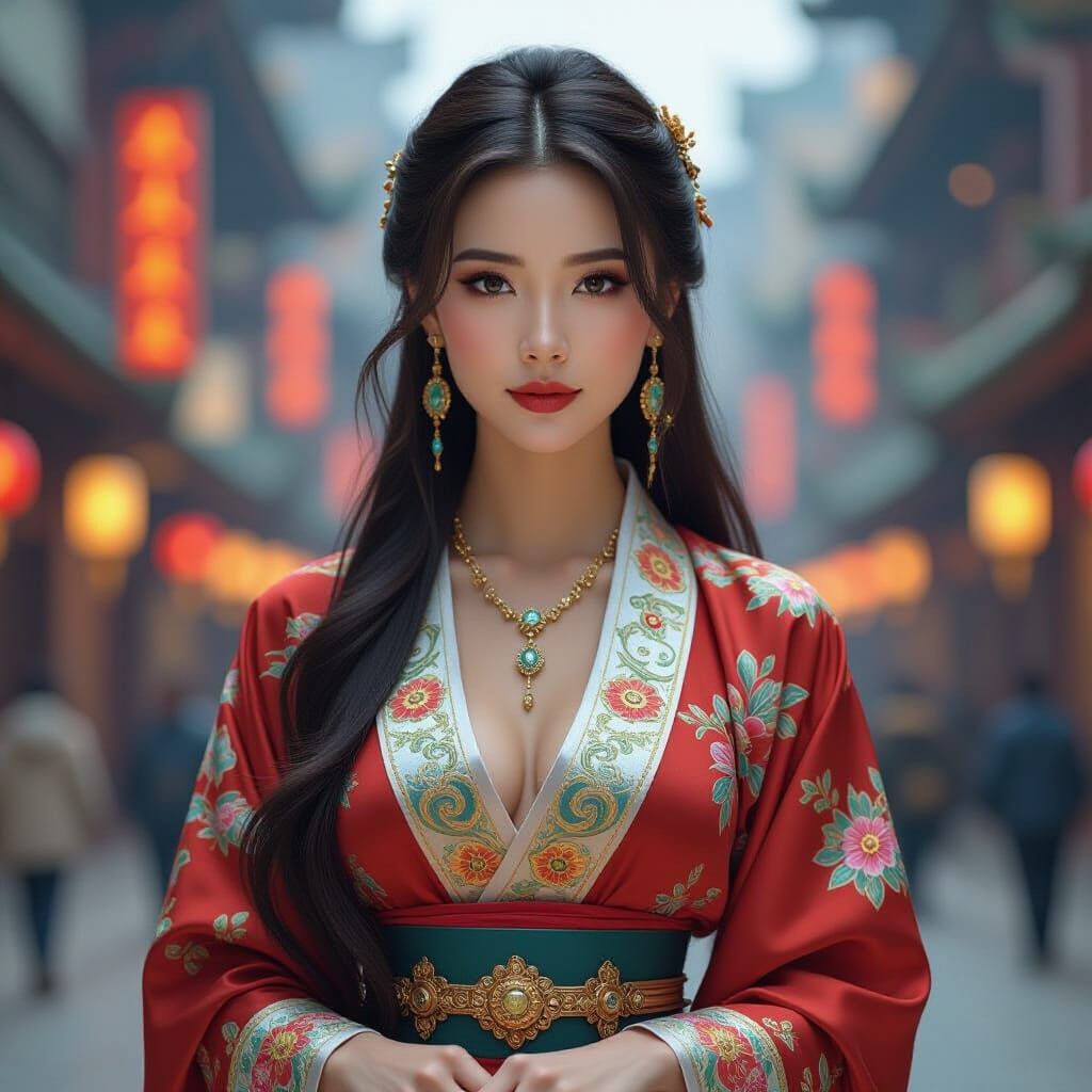 Chinese Woman in Silk and Neon: Digital Art Nouveau