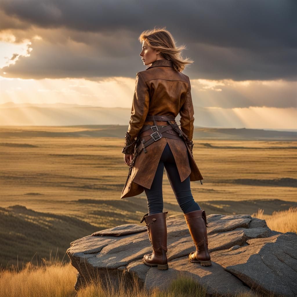 Plains Hunter on Windswept Ridge, Hyper-Realistic Style
