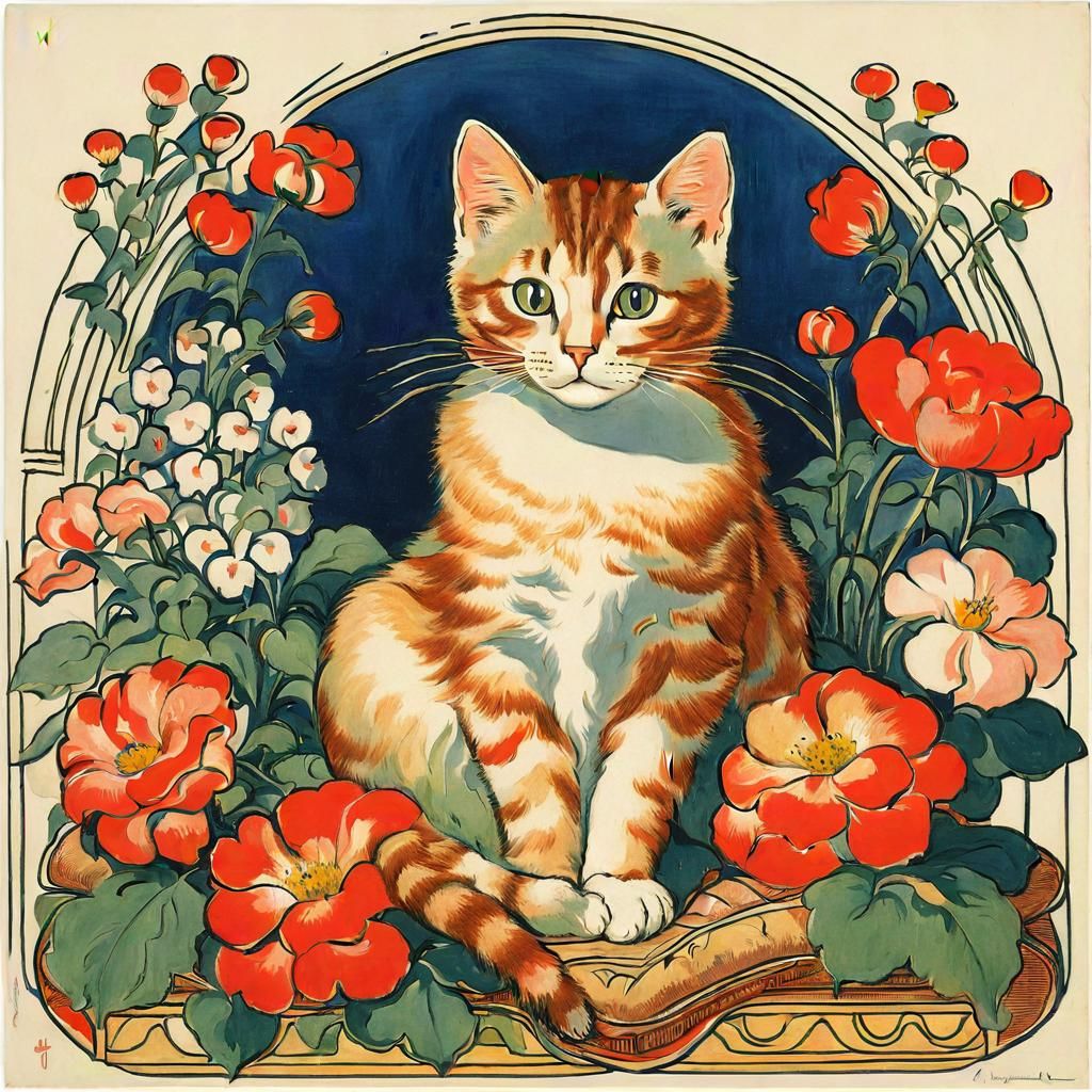 Cat Surrounded by Flowers in Art Nouveau Style