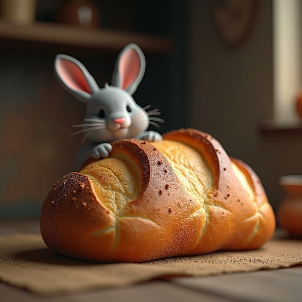 Rabbit and Bread: Whimsical Fantasy Scene