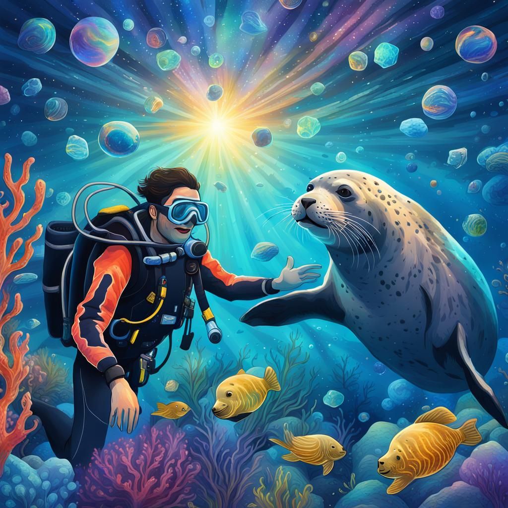 Scuba Diver Hi-Fives Smiling Seal: Cosmic Illustration