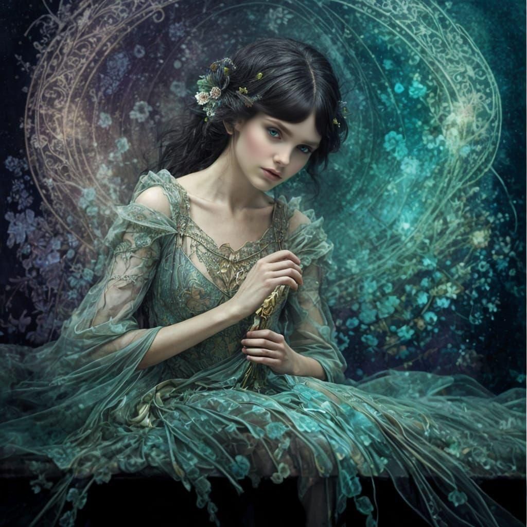 Girl in Fractal Lace Dress: Art Nouveau Style