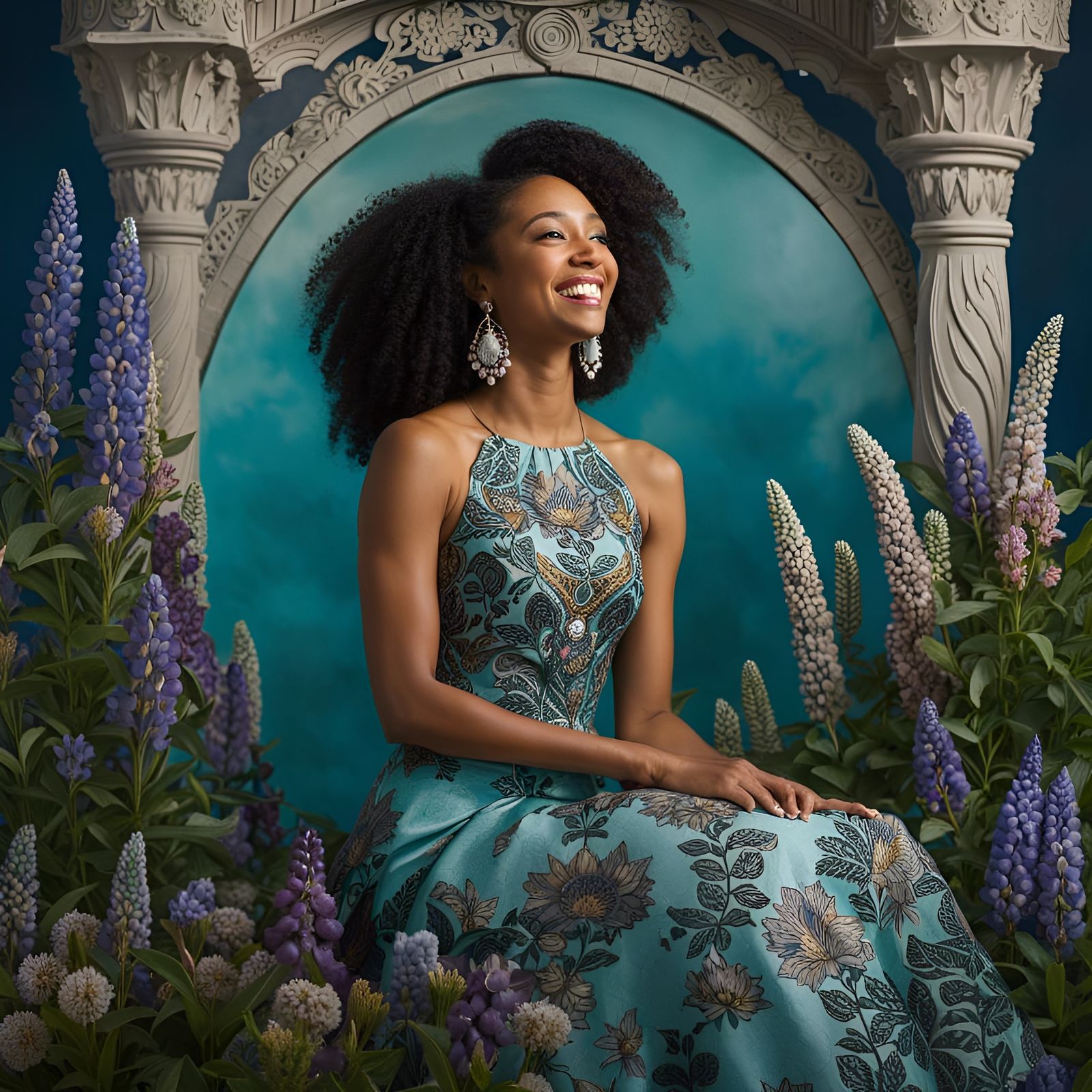 Laughing Woman in Lupines: Hyperrealistic Concrete Art