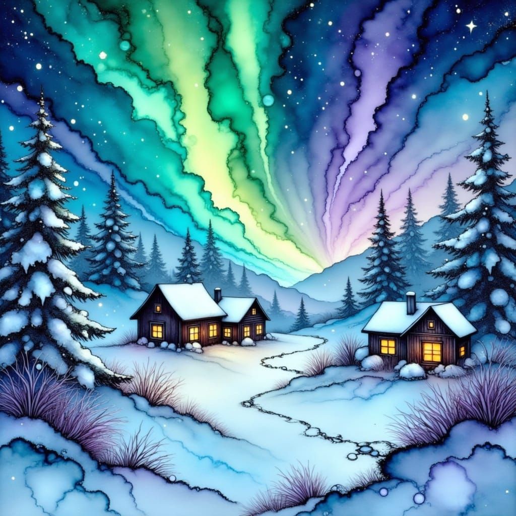 A tranquil village nestled in a snow-covered forest.