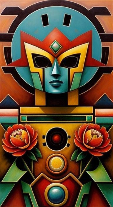 Aztec Art Deco Robot with Peonies