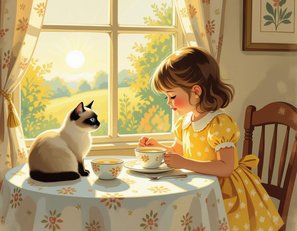 Girl and Siamese Cat Enjoying Breakfast in Sunrise Glow