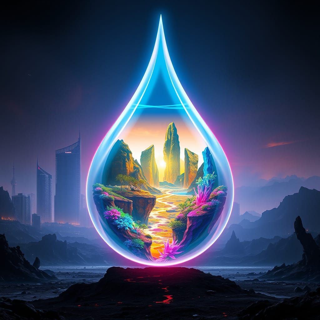 Ethereal Teardrop Portal in Dystopian Landscape