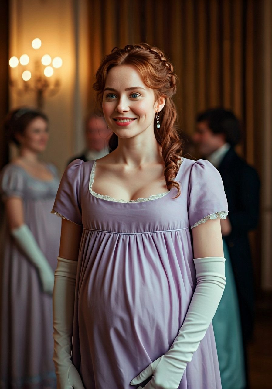 Pregnant Woman in Regency Dress at a Ballroom