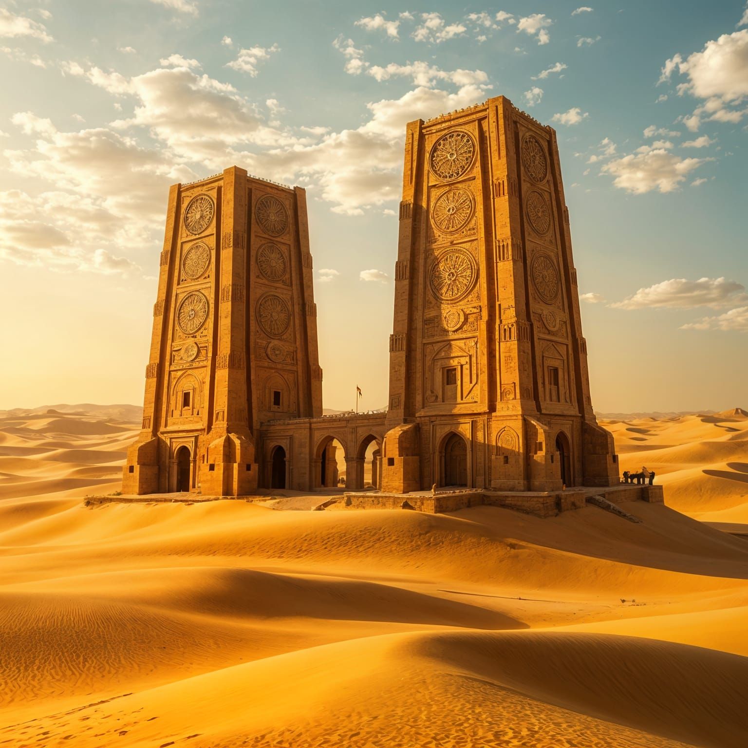 Desert Landscape with Majestic Towers in Golden Light