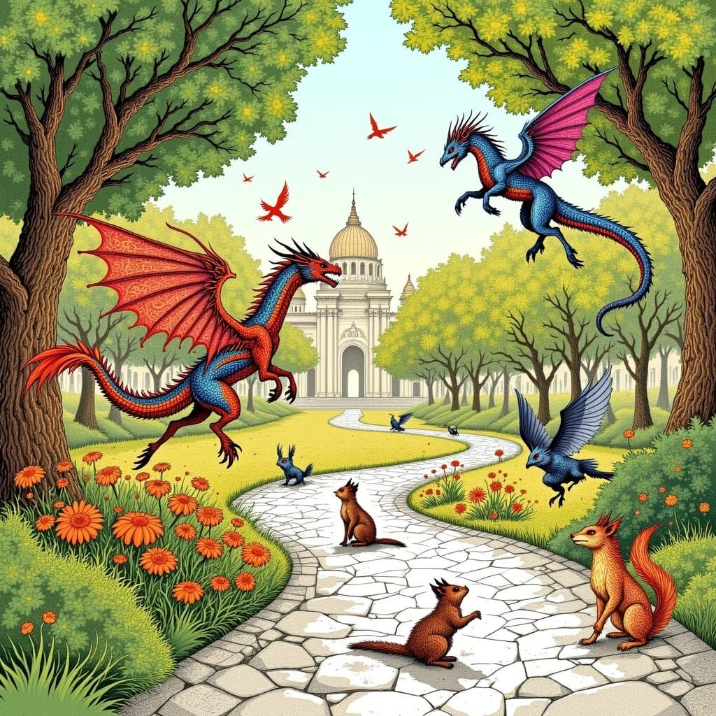 Colorful Dragons Play in Sunny City Park