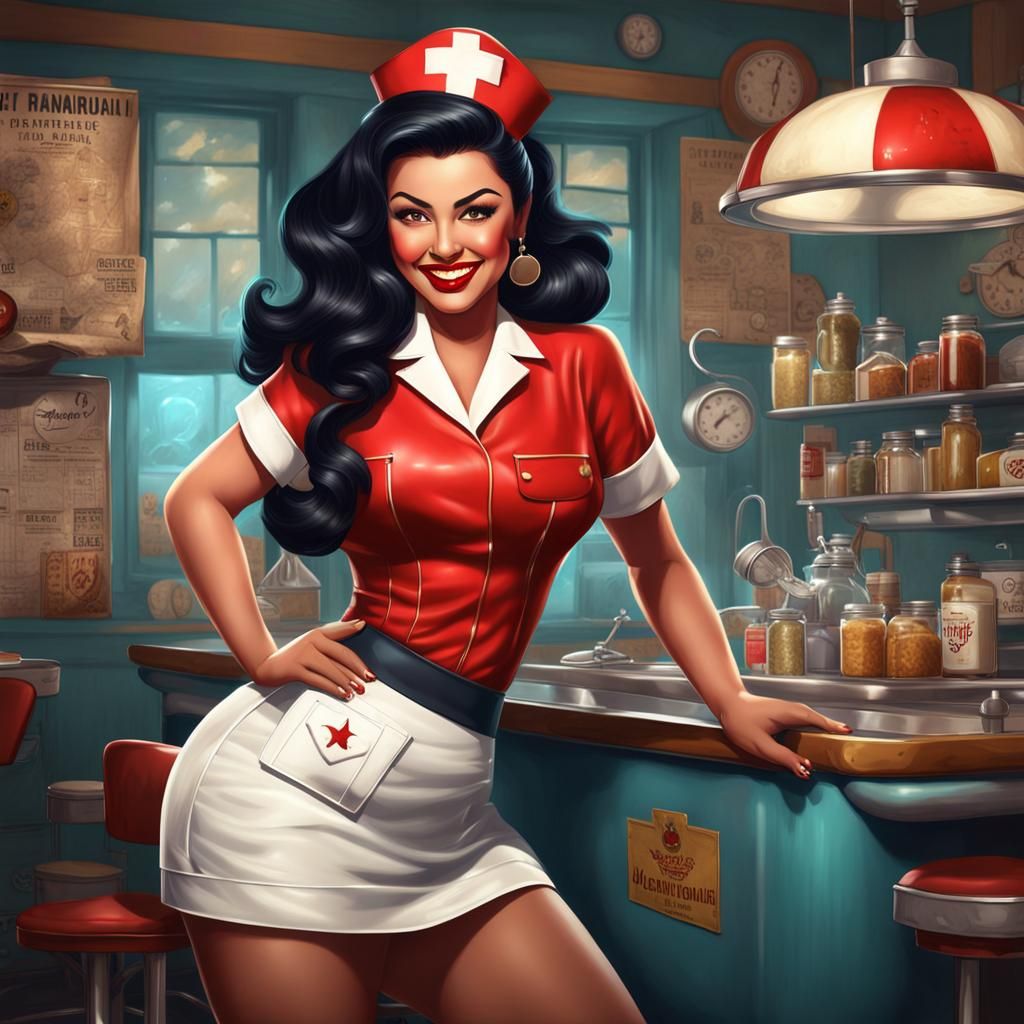 1950s Pinup: Hot Latina Nurse in Detailed Matte Painting