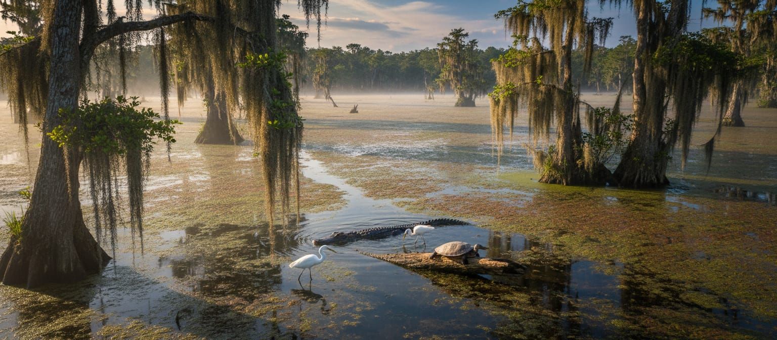 Misty Swamp Wildlife Scene Realistic Photography