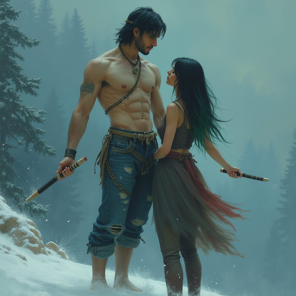 Eerie Horror: Man with Nunchucks on Snowy Mountain