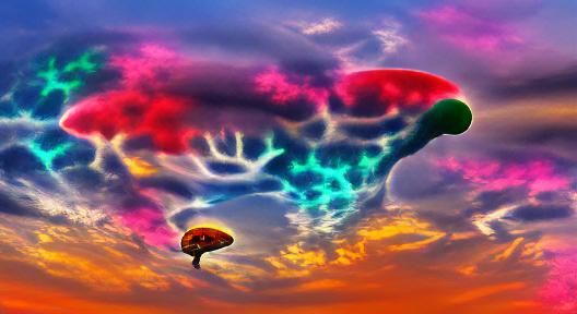 Psychedelic Mushroom Soaring in Colorful Sky