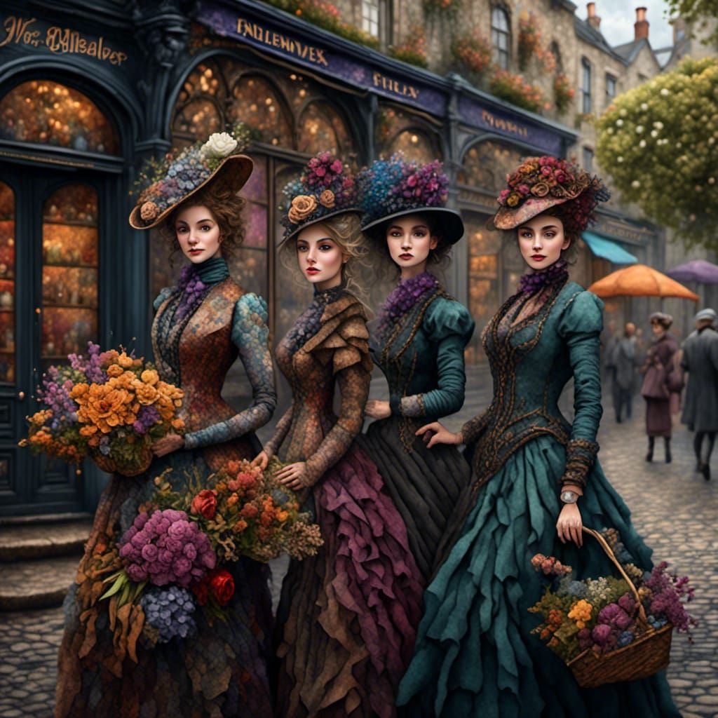 Victorian Women at Flower Shop: Detailed Matte Painting