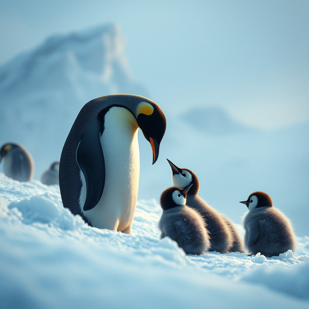 Penguin Feeding Young on Antarctic Shelf