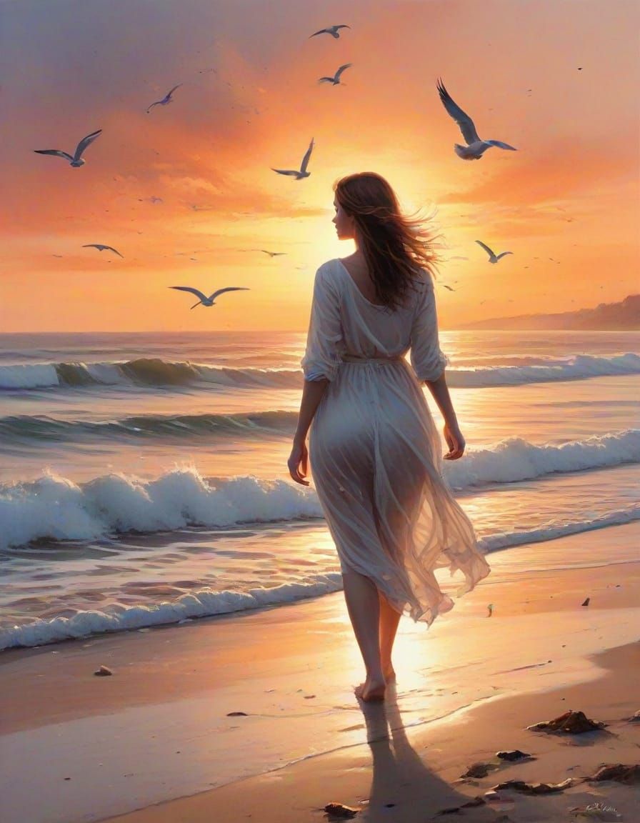 Woman Watching Sunset on Beach in Painterly Realism