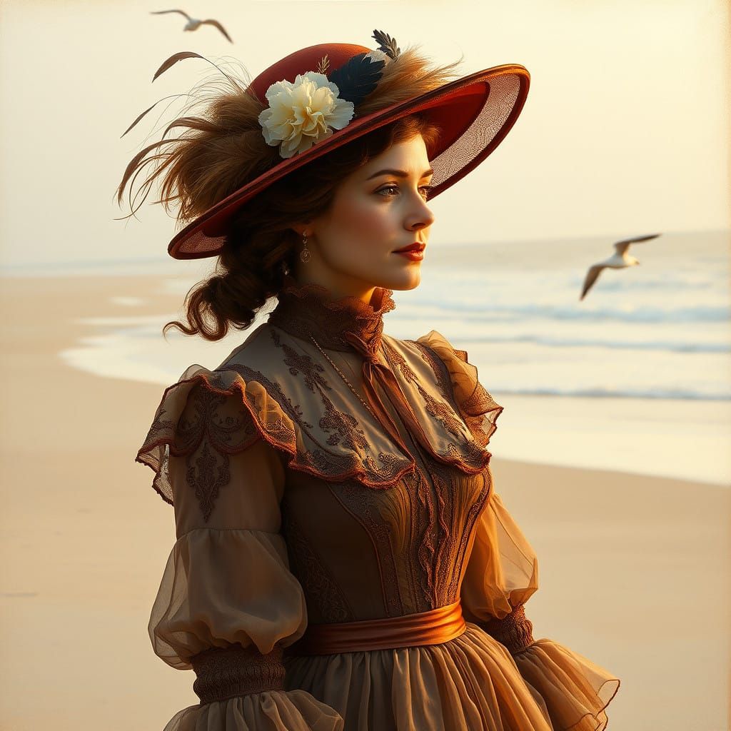 Elegant Matron Strolling on Sandy Beach at Dawn