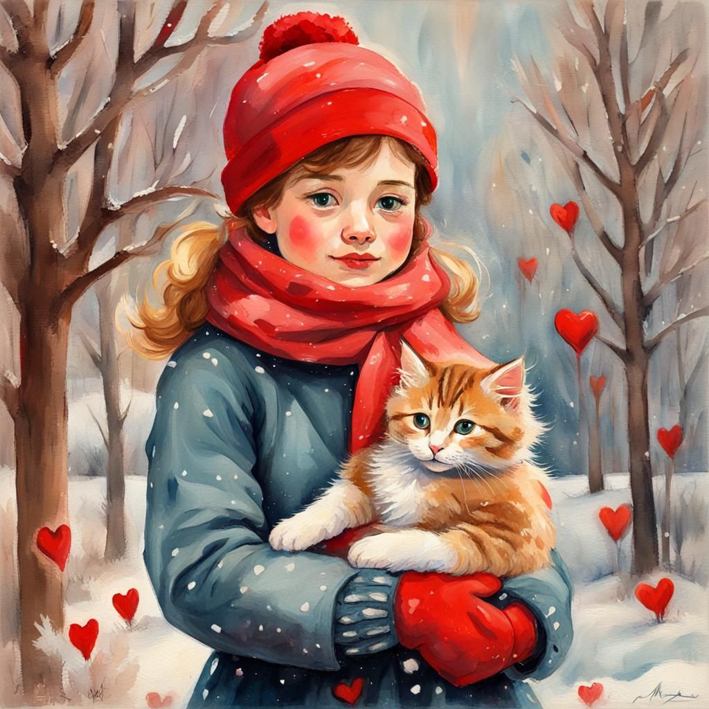 Girl with Kitten in Gouache Valentine Style