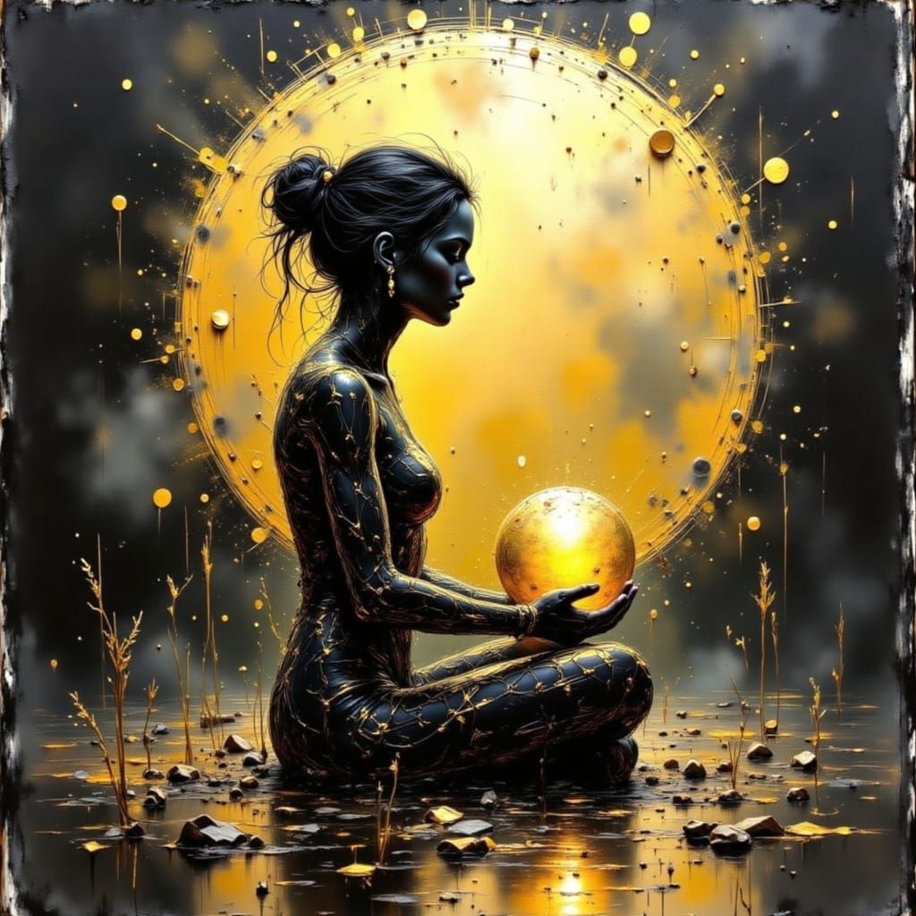 Meditative Figure with Golden Orb in Ethereal Light