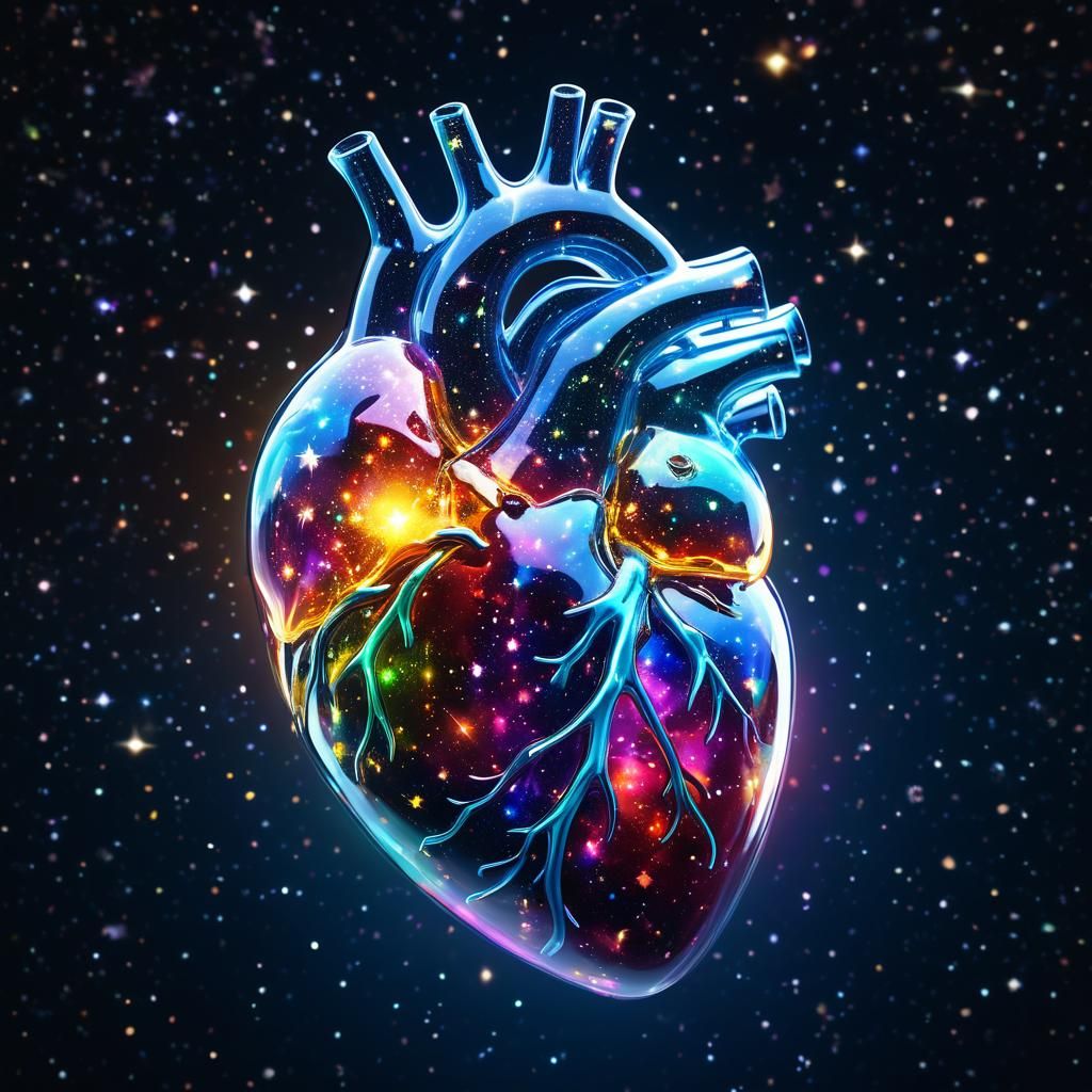Cosmic Glass Heart in Starry Space