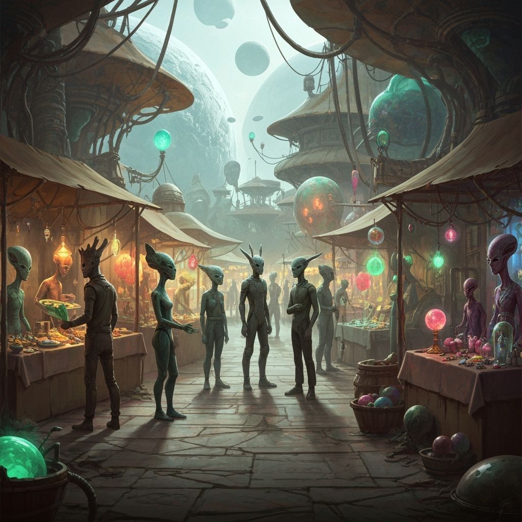 Bustling Alien Marketplace on a Distant Planet