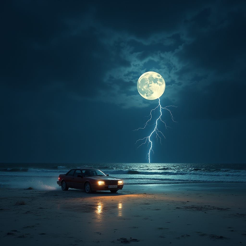 Surreal Scene with Moon, Car, and Hare
