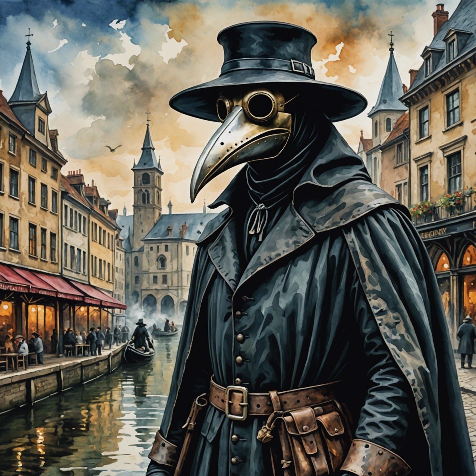 Plague Doctor in Gouache Style, Detailed Watercolor