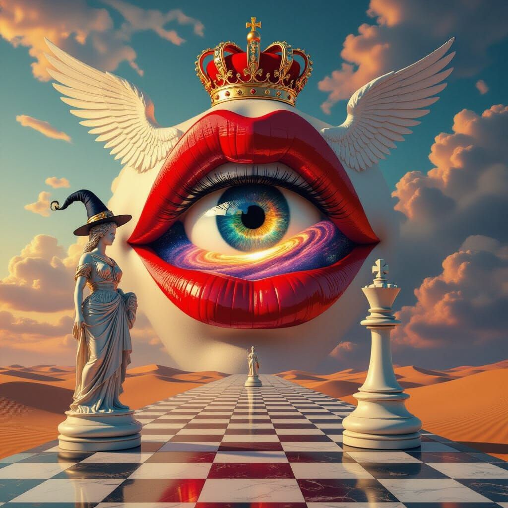 Cosmic Dreamscape with Greek Statue and Knight