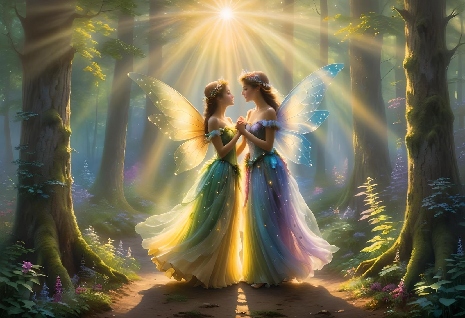 Ethereal Fairies Embracing in Forest Sunlight