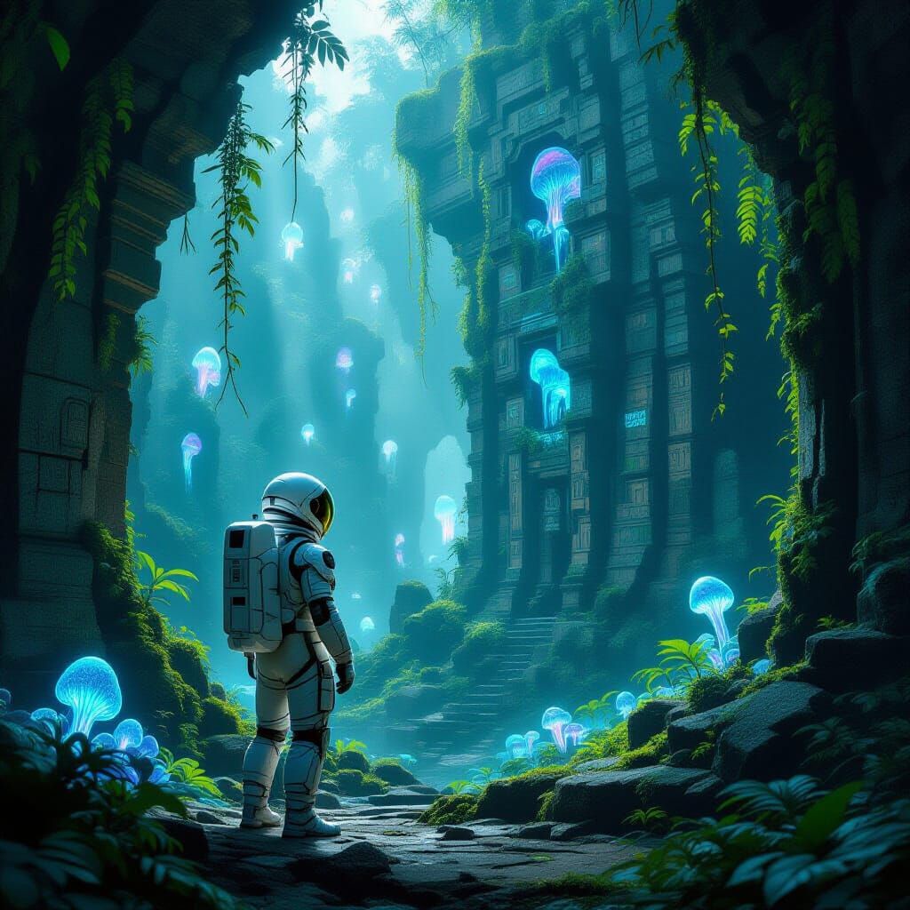 Astronaut Explores Alien Ruins on Bioluminescent Planet