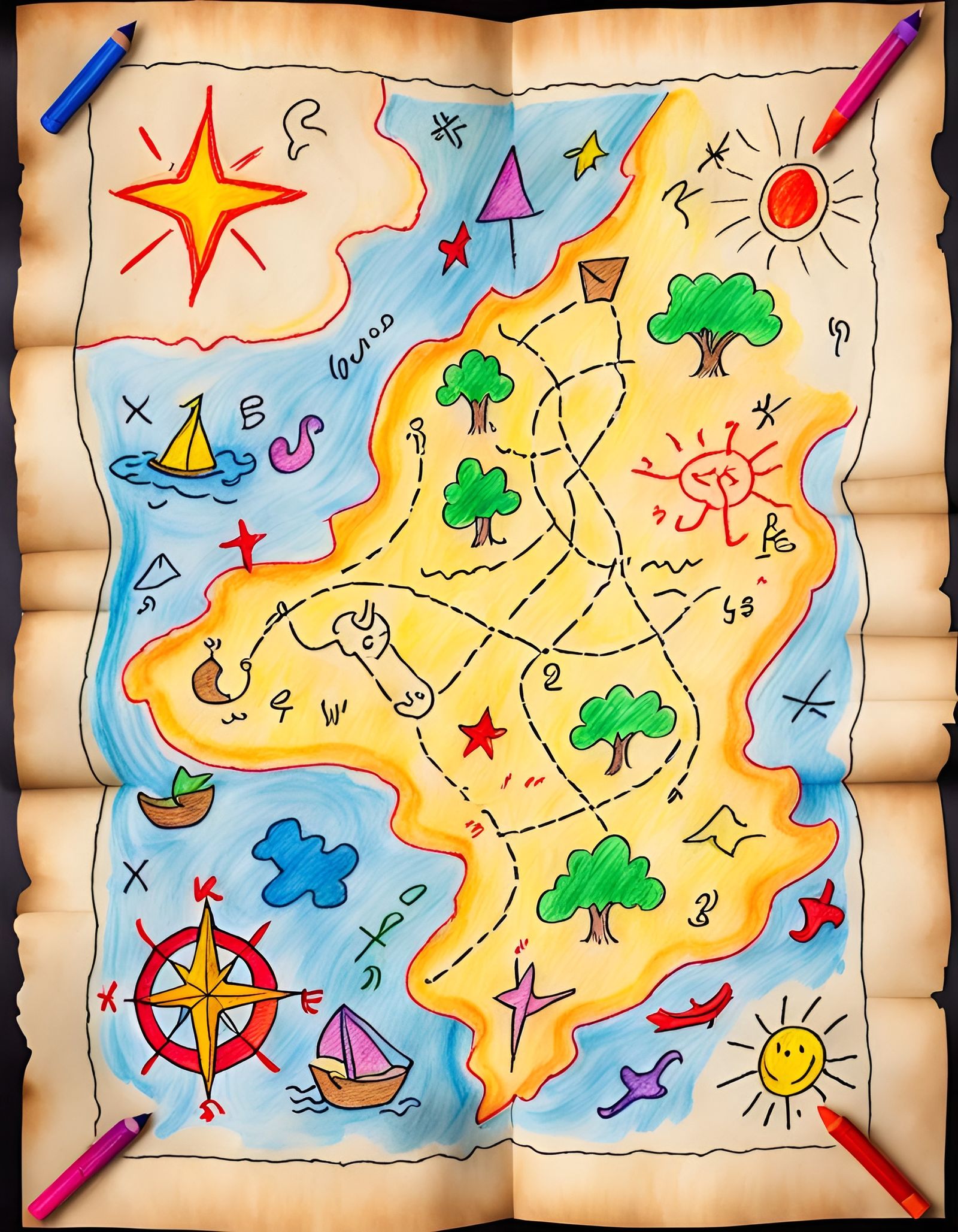 Child's Crayon Treasure Map Drawing