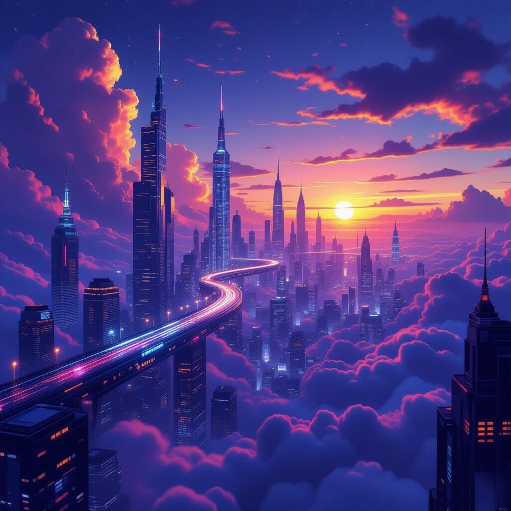 Futuristic Cityscape at Twilight in Cyberpunk Style