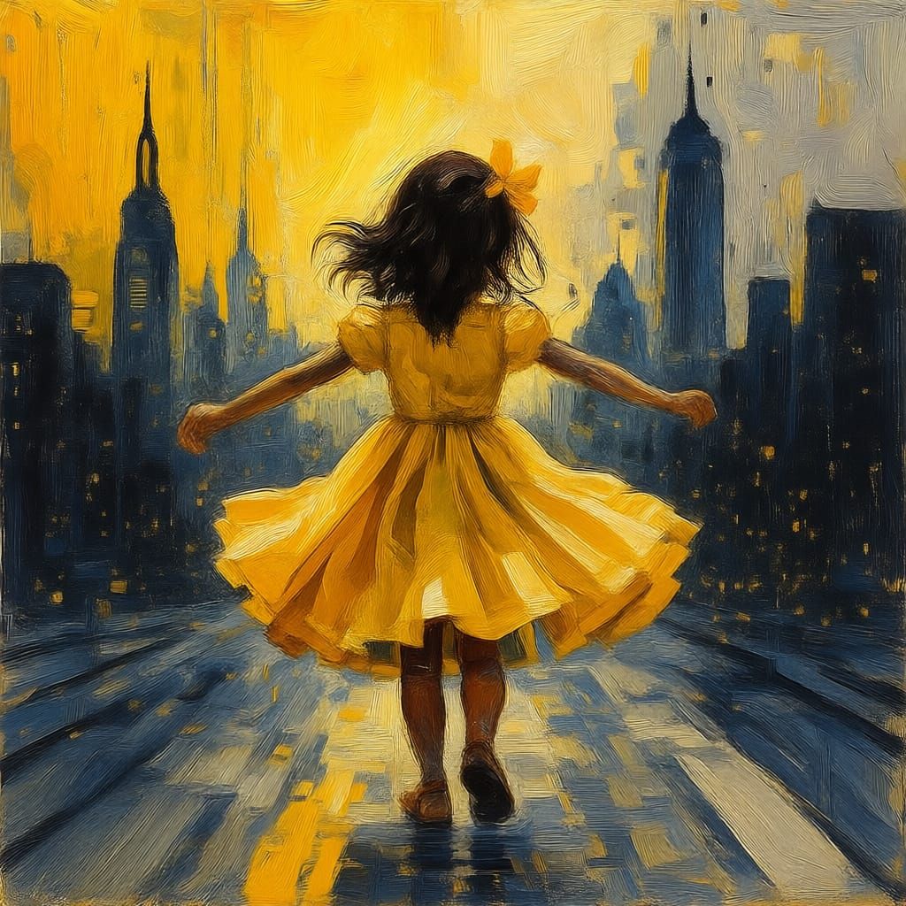 Dancing Toddler Girl in Yellow Dress, Van Gogh Glitch Art