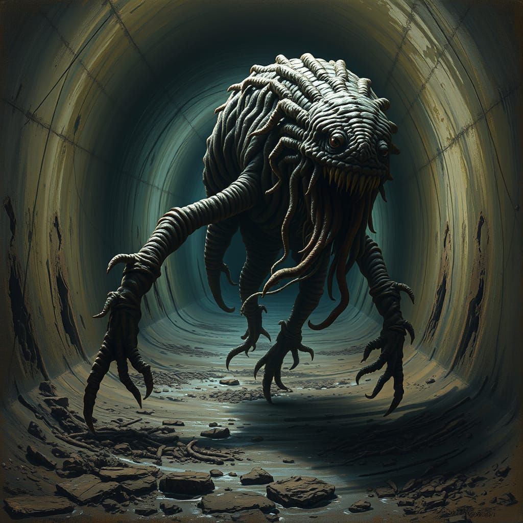 Humanoid Worm Monster in Sewer, Textured Oil Painting