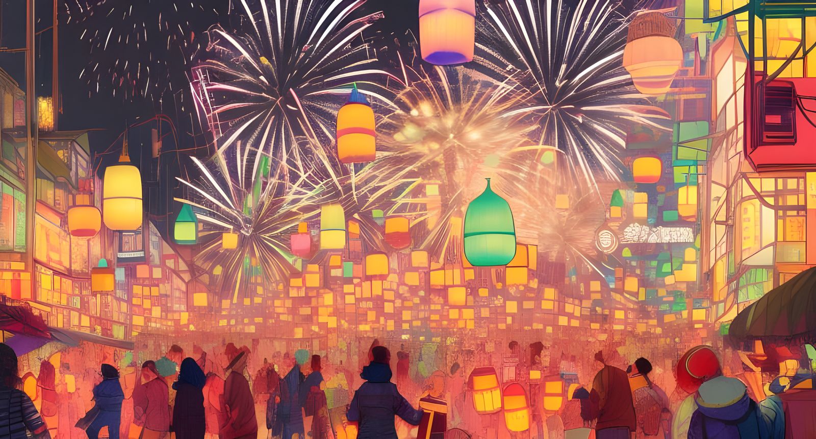 Vibrant Fireworks Display Over Festival Crowd