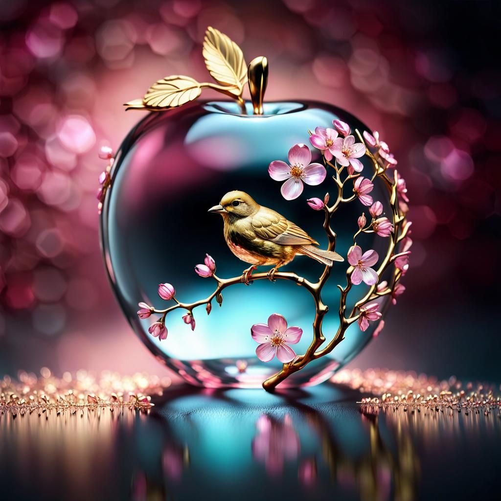 Gold and Pink Crystal Apple with Blossoms