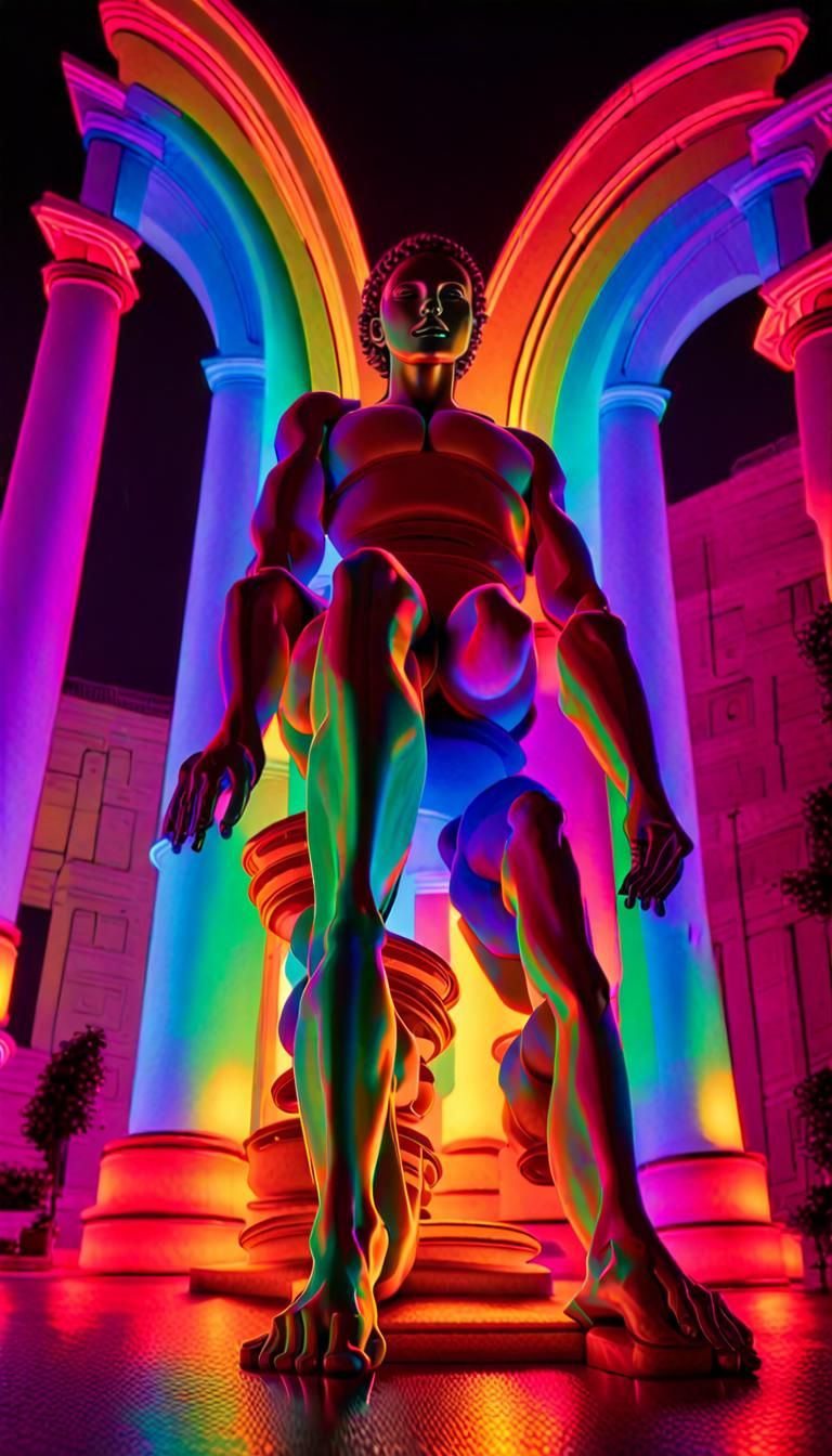 Rainbow Neon Statues in Vorticism Digital Art