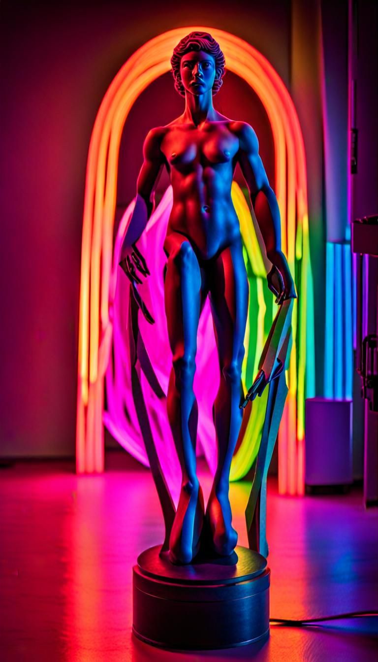 Rainbow Neon Statues in Dynamic 3D Digital Art