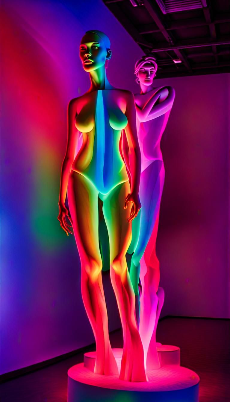 Rainbow Neon Statues in Vorticism Digital Art