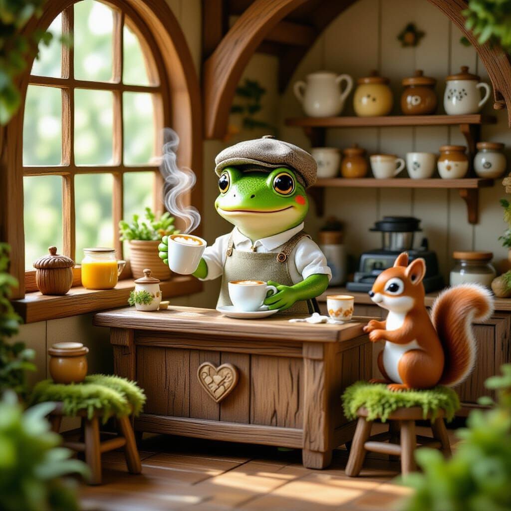 Frog Barista Creates Latte Art in Forest Cafe