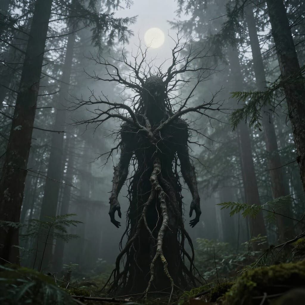 Shadowy Figure Transforms into Forest Branches in Misty Wood...