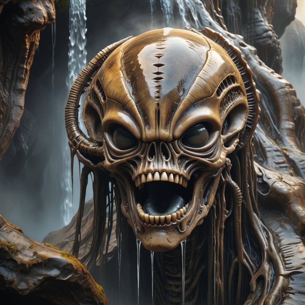 Fossilized Alien Head with Waterfall in 3D