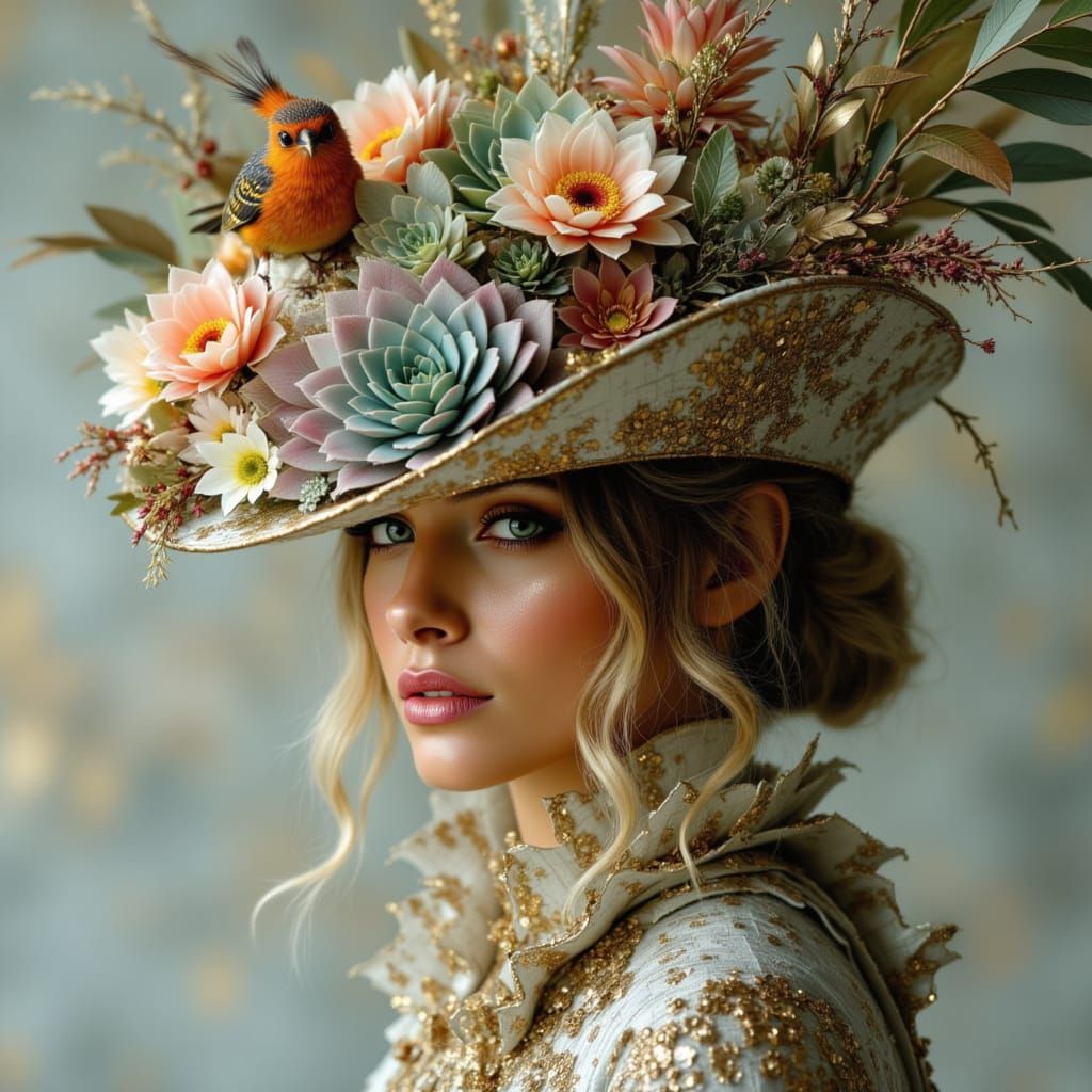 Art Nouveau Hat with Cacti and Feathers