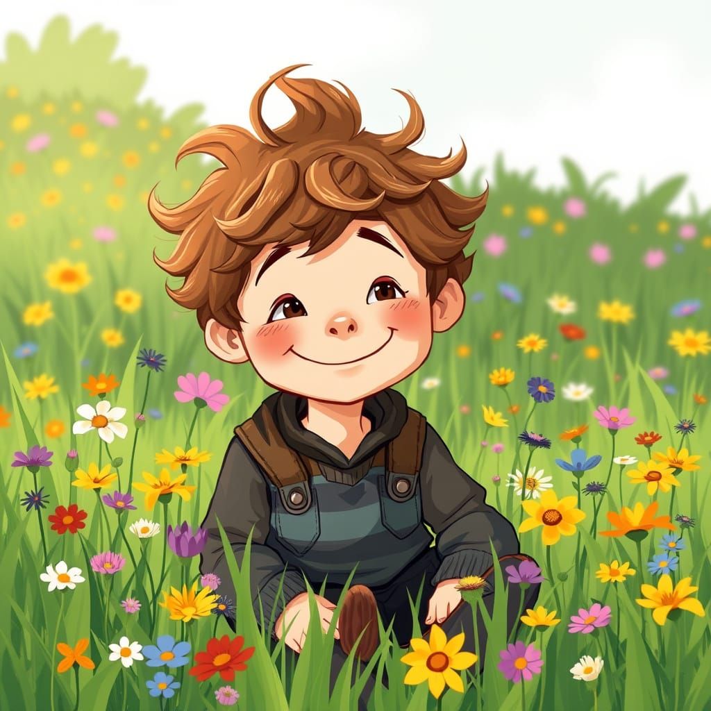 Boy in Meadow: Whimsical Illustration