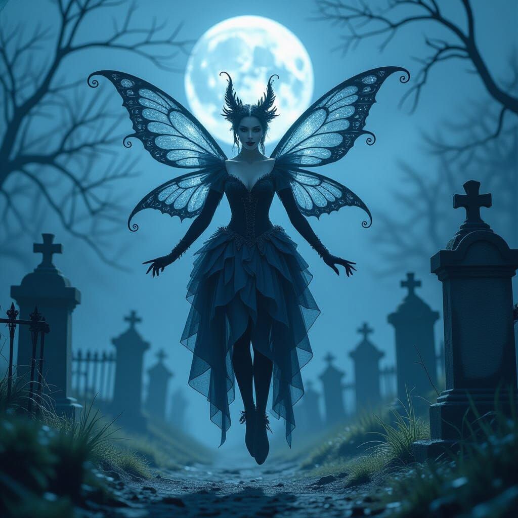 Pinhead as Gothic Fairy in Graveyard, Giger-Inspired