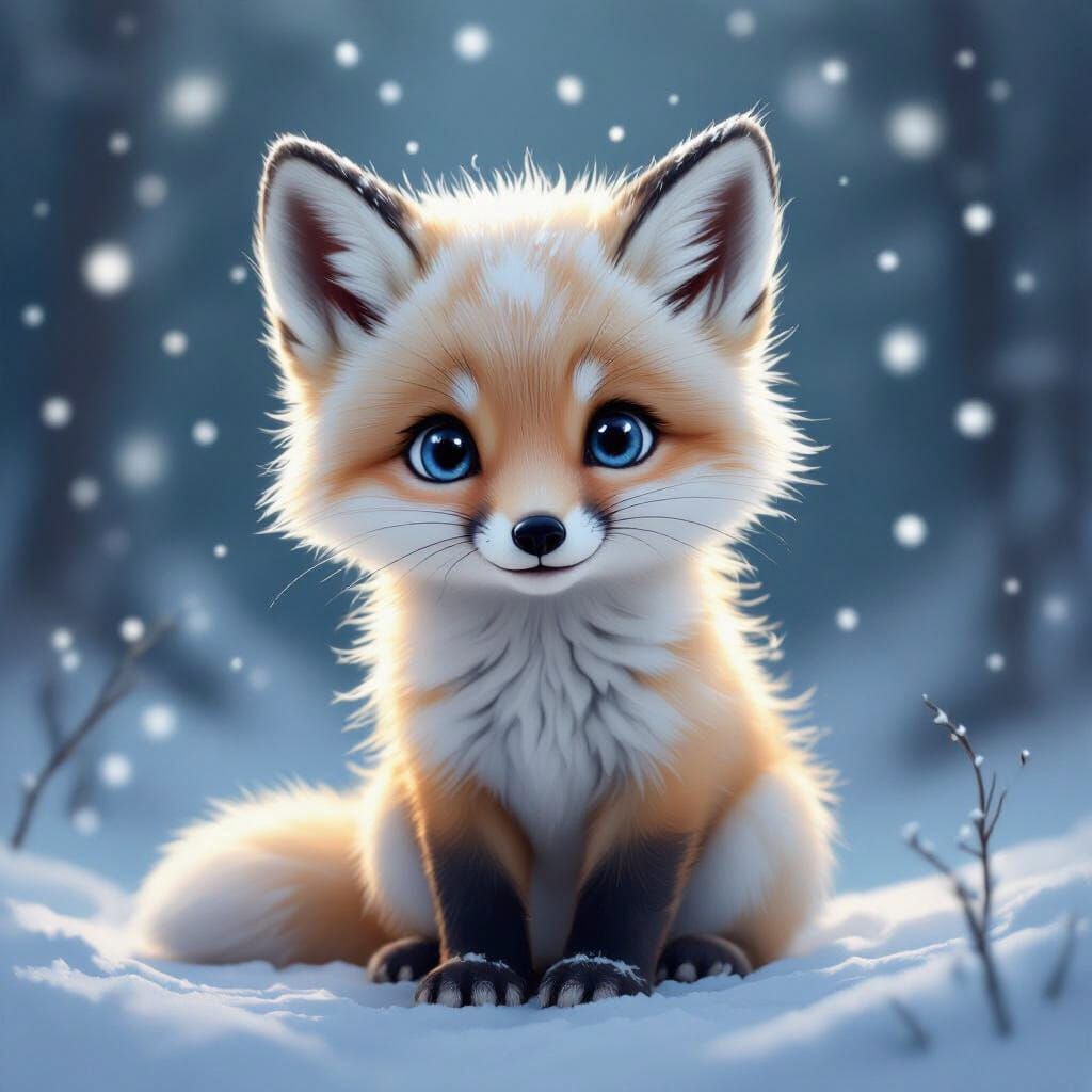 Cute Arctic Fox Cub in Gentle Snowfall