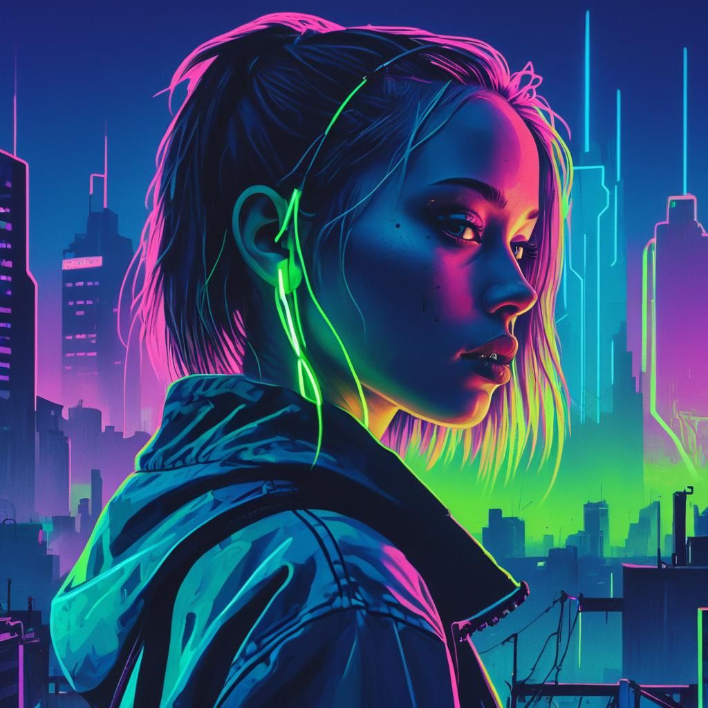Cyberpunk Woman in Cityscape at Dusk